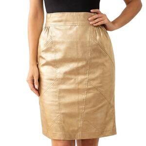 FRNCH Paris Women's Small Metallic Gold Pencil Skirt Vegan Leather Midi